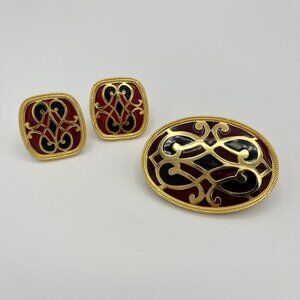 Premium Vintage 1988 The Limited Enamel Brooch & Clip‑On Earrings Set